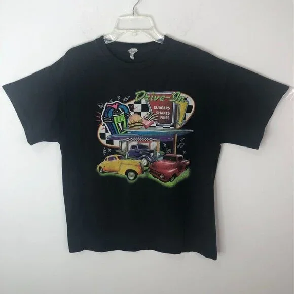Vintage 90s Drive-In T-Shirt Hot Rod Magazines Graphic Tee Black Cotton Unisex L - Picture 2 of 12